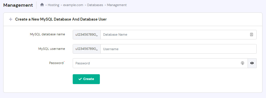 The MySQL databases management page on hPanel