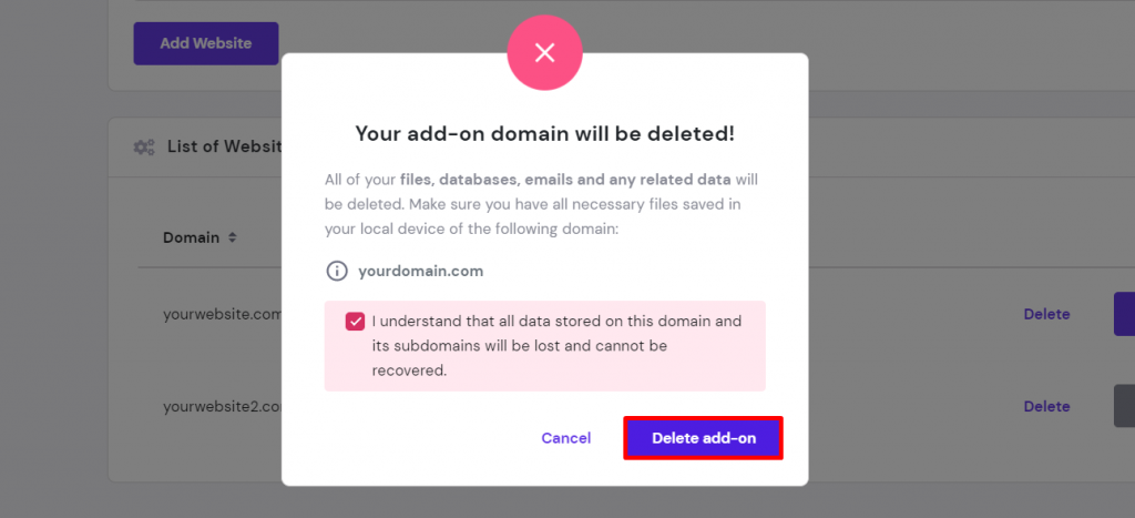 Deleting an add-on domain on hPanel