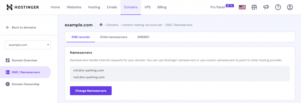 hPanels' Domains menu with DNS / Nameservers highlighted