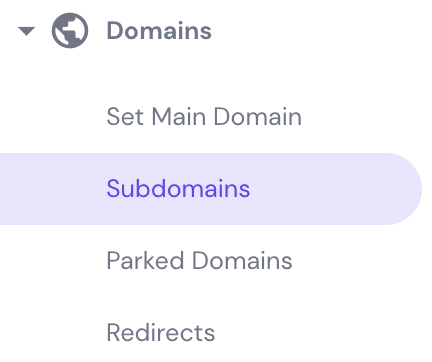 The Subdomains button on hPanel