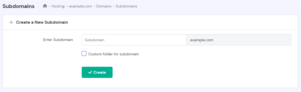 The Subdomains page on hPanel