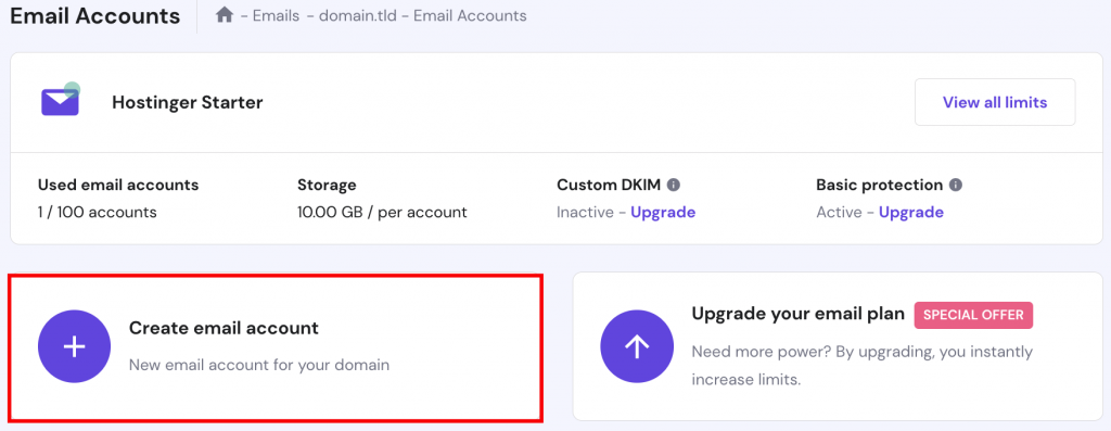 Adding a new email account on hPanel