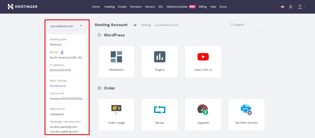 A quick overview of the hosting account on hPanel