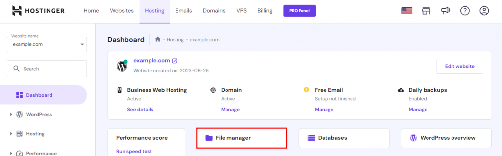 hPanel's dashboard with File manager highlighted