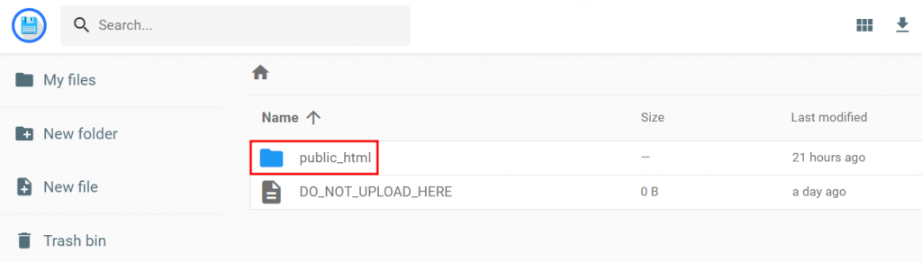The public_html directory in File manager