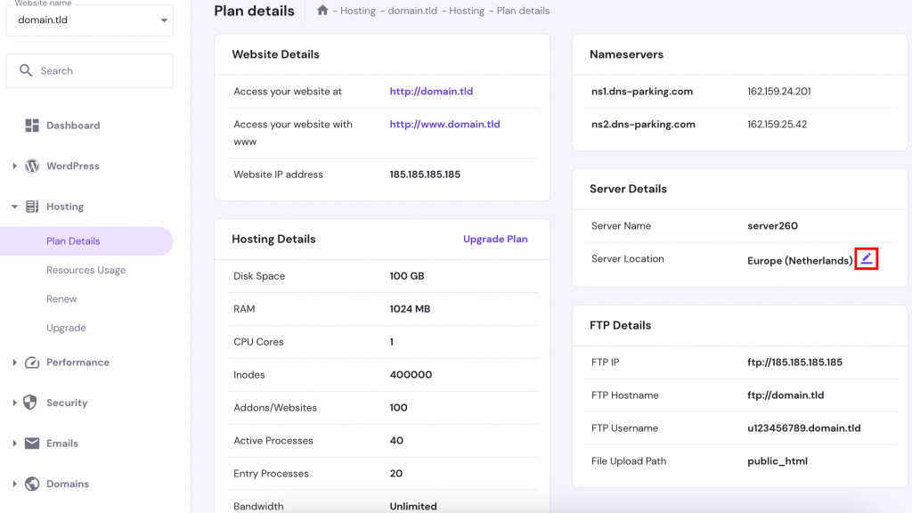 The Plan Details page on hPanel. The server transfer button is highlighted