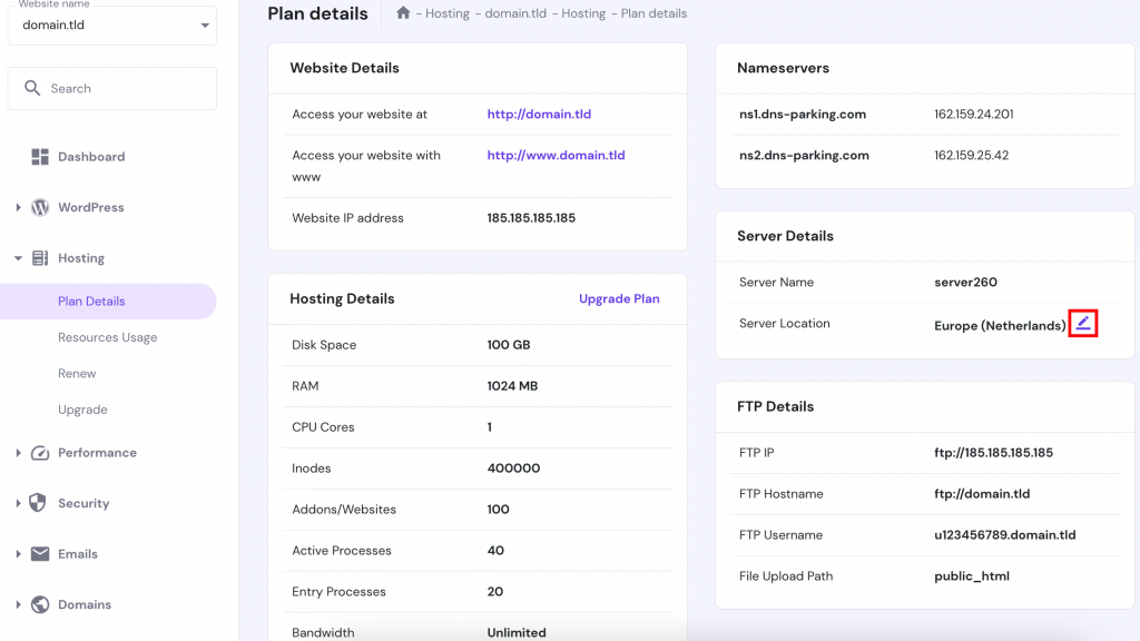 The Plan Details page on hPanel. The server transfer button is highlighted