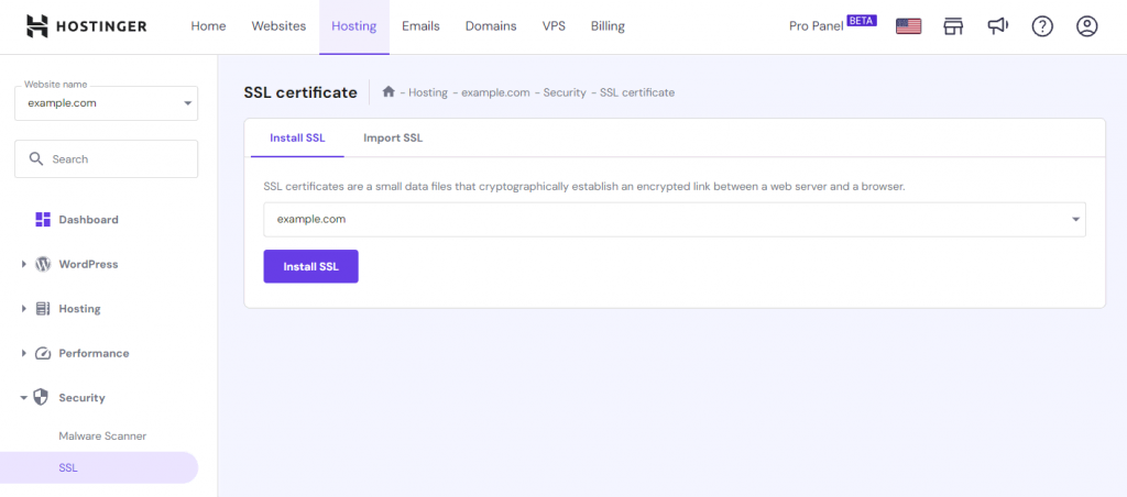 hPanel's SSL section under the Security menu