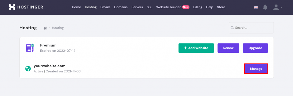 Clicking Manage on a hosting account on hPanel