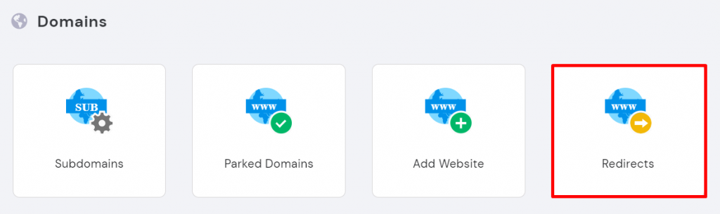 Redirects button under Domains section on hPanel