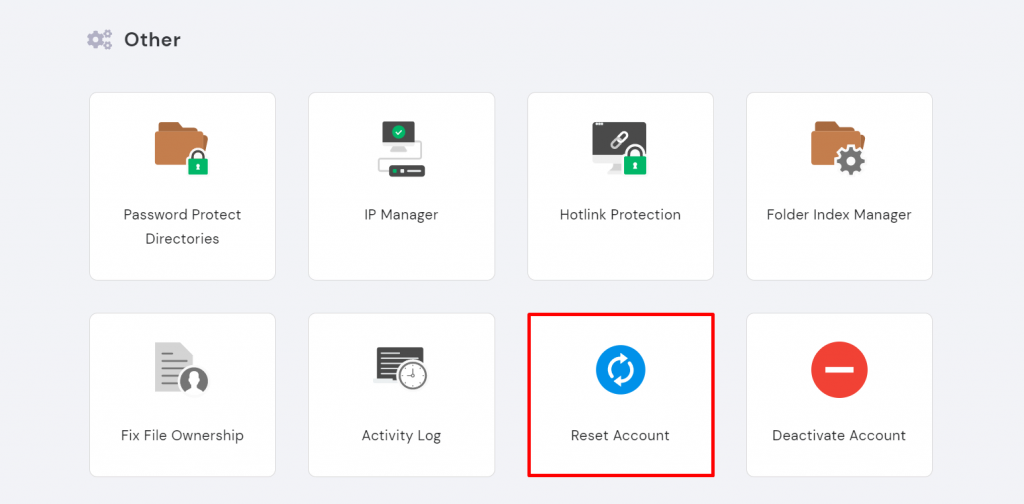 Reset Account button under Other section on hPanel