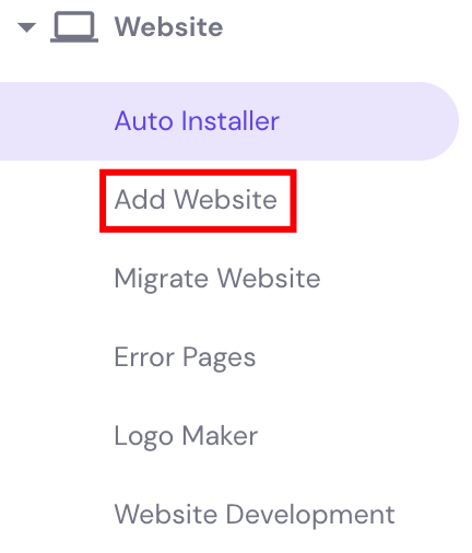 The Add website button on hPanel