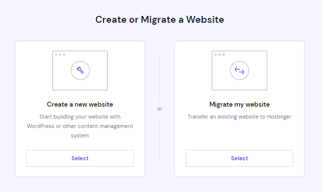 The Add New Website page on hPanel. It asks if user wants to create a new website or migrate an existing one. 