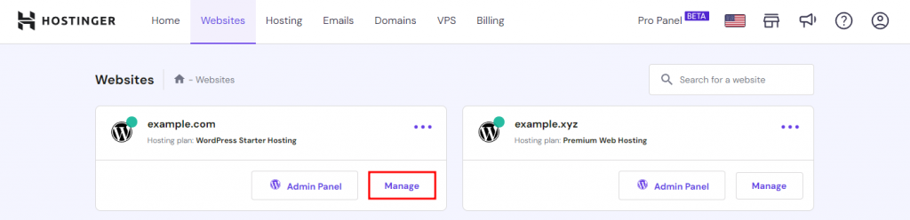 hPanel's Website menu with Manage highlighted