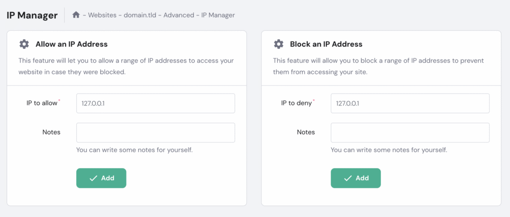 Hostinger hPanel's IP Manager interface in the Advanced section.