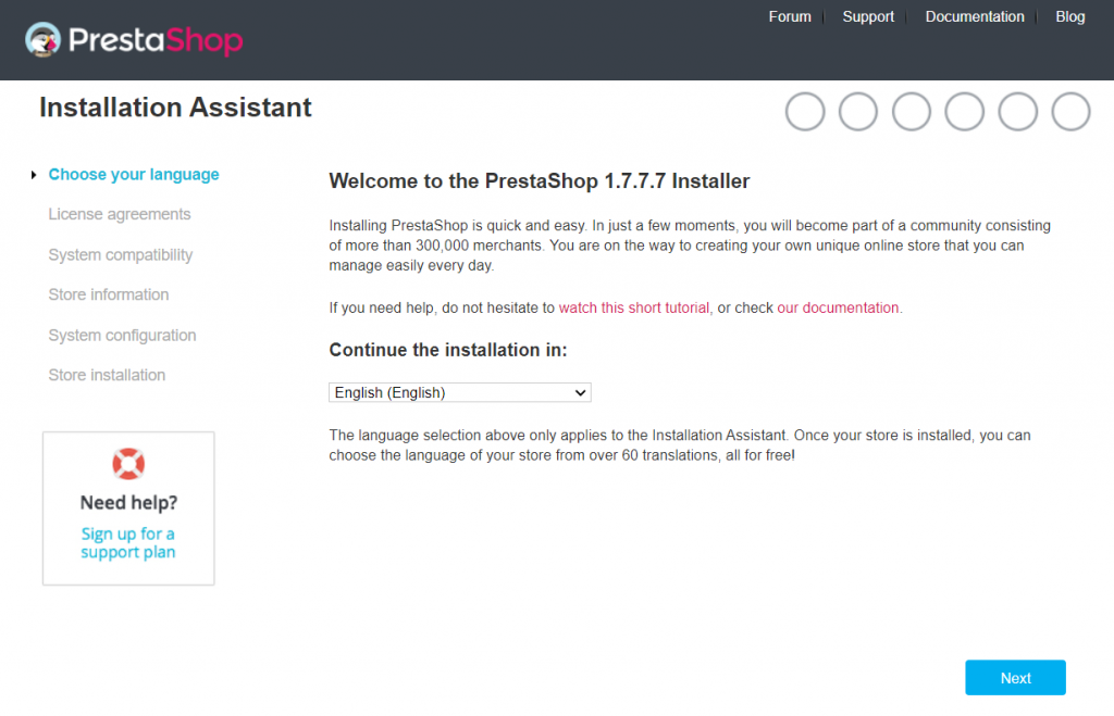 Welcome page of PrestaShop installation assistant