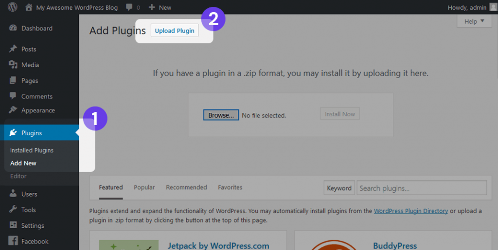 "Upload Plugin" button in the Plugins section to install a plugin manually