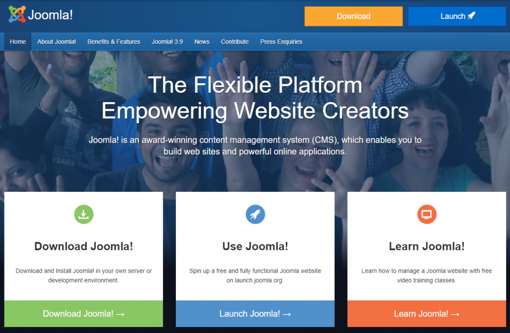 The homepage of the Joomla content management system.