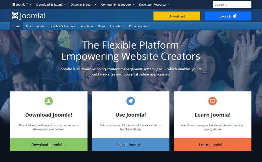 Homepage of Joomla, a an open-source CMS commonly used to create blogs