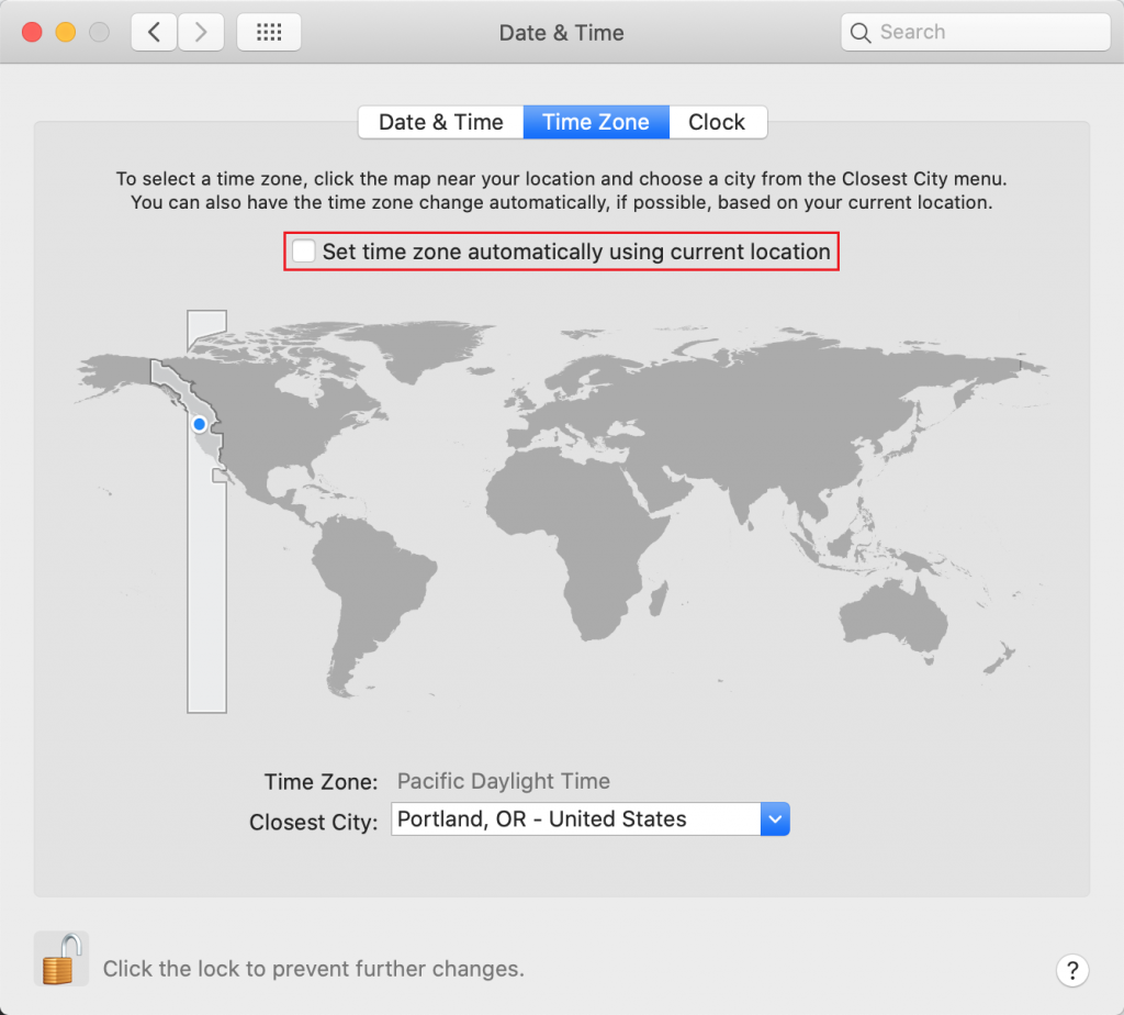 macOS time zone settings