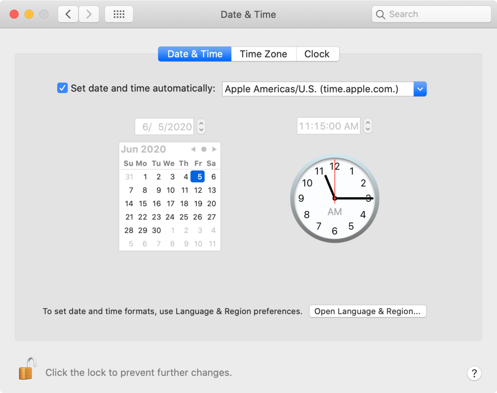 Screenshot showing time and date settings on macOS