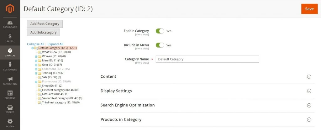 صفحة Magento Catalog حيث تصنف الاستخدام منتجاتها وتكوين مظهر الكتالوجات