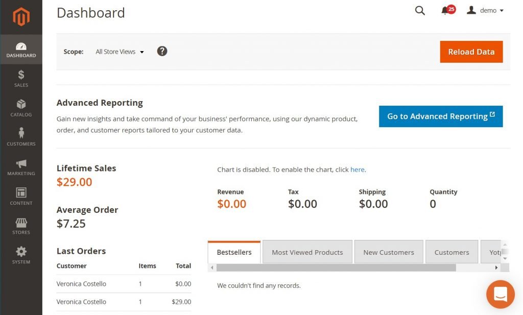 Magento dashboard shows the store's advanced reporting