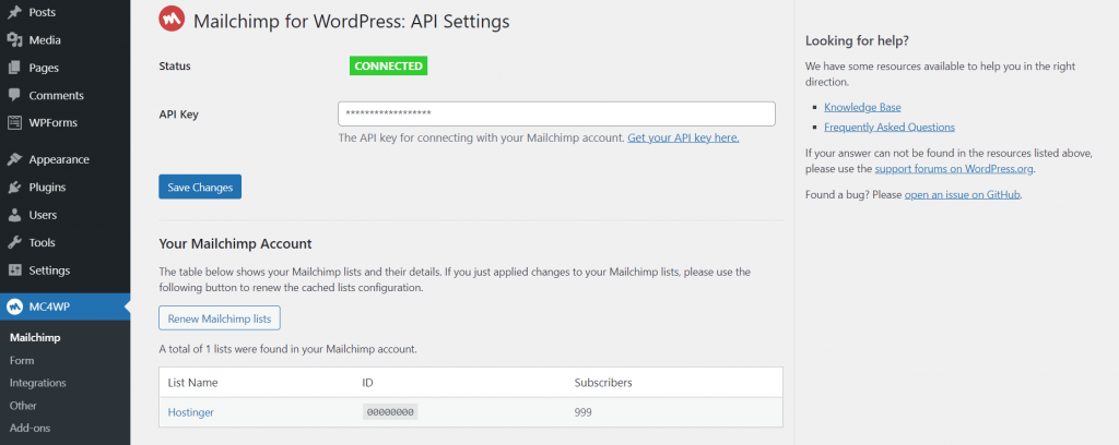 Mailchimp for WordPress: the API settings window.
