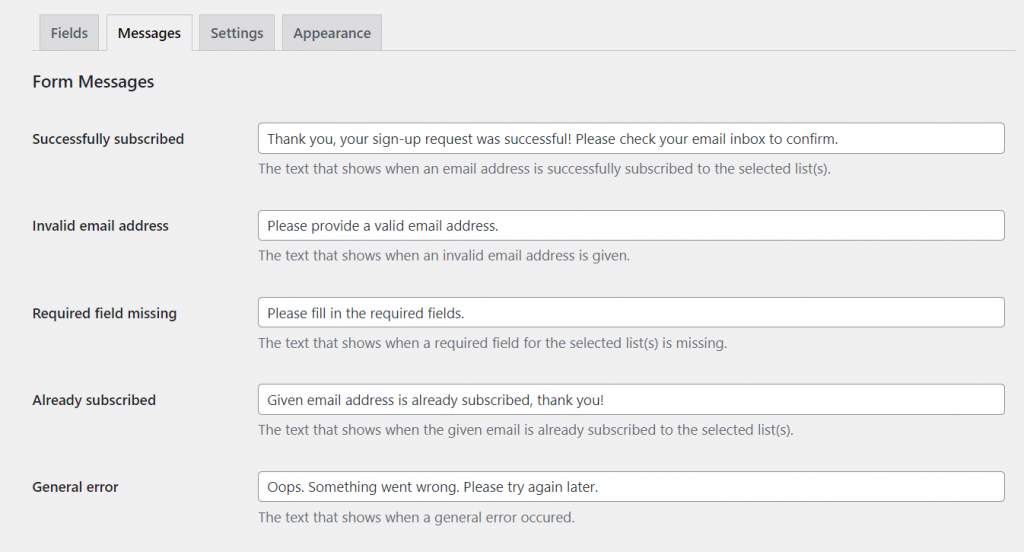 MailChimp form messages.