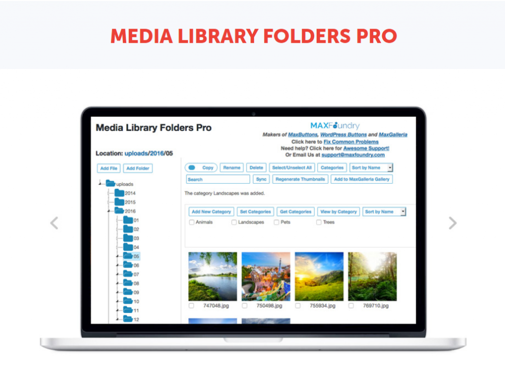 The Media Library Folders Pro plugin page on MaxGalleria's website