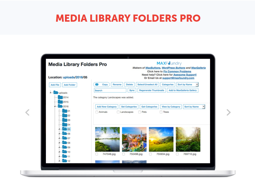 The Media Library Folders Pro plugin page on MaxGalleria's website