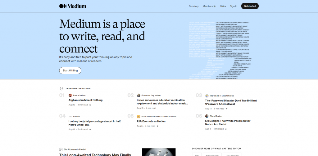The homepage of the Medium blogging platform.