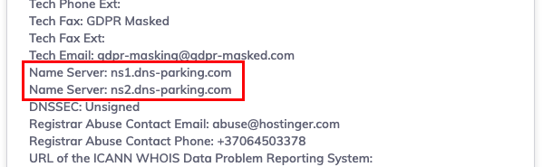Hostinger Whois result example with nameservers section highlighted