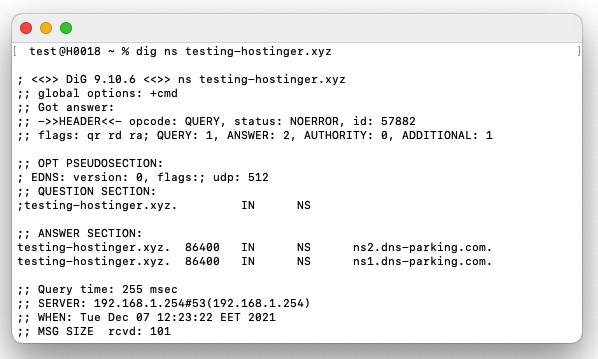 MacOS terminal with dig ns command output