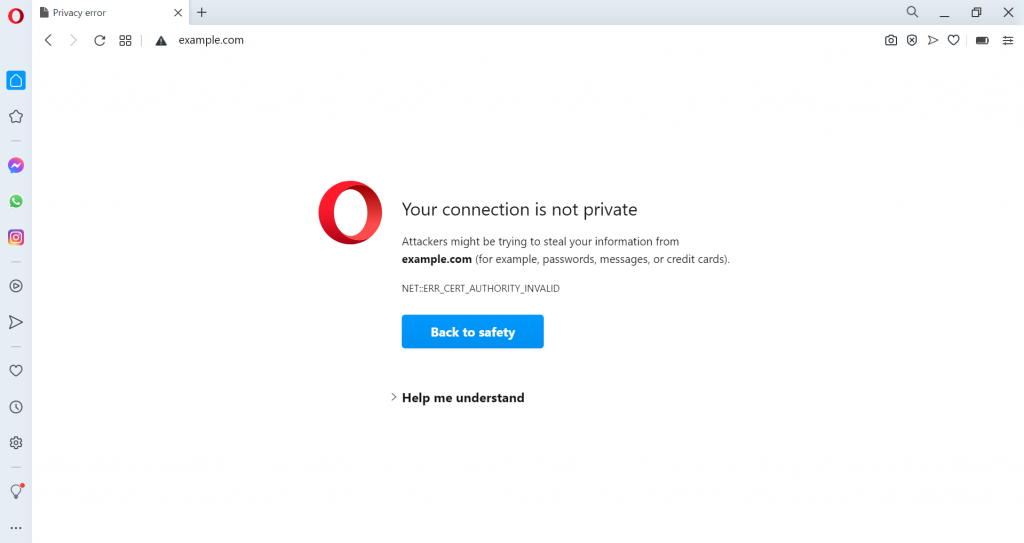 Screenshot showing your connection is not private error on Opera
