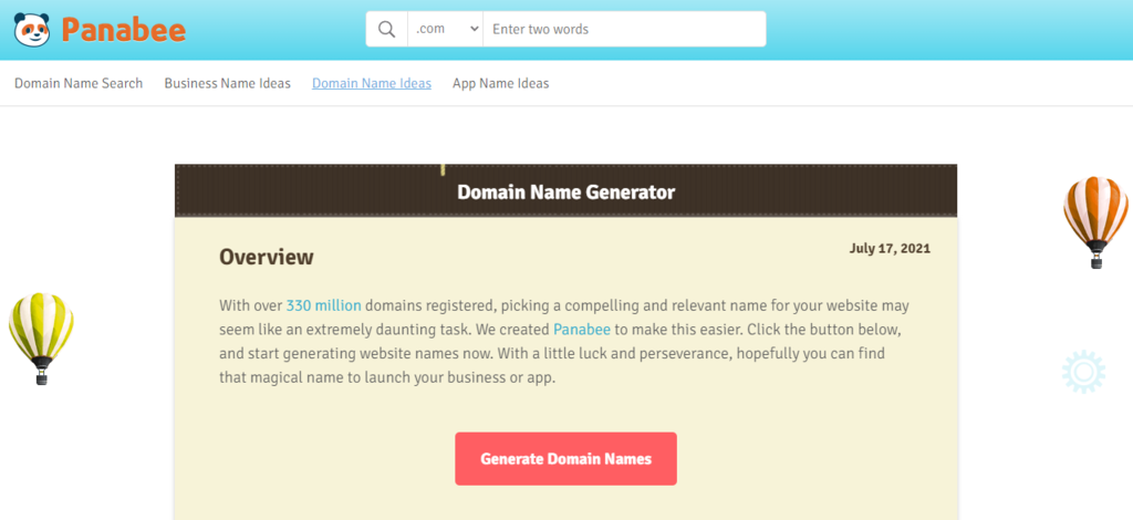 Panabee domain name generator homepage.