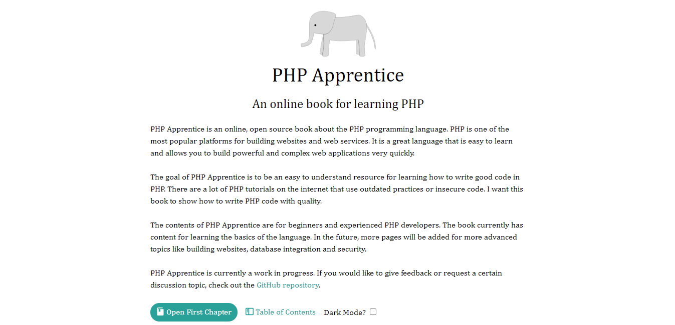 The PHP Apprentice’s online book for learning PHP.