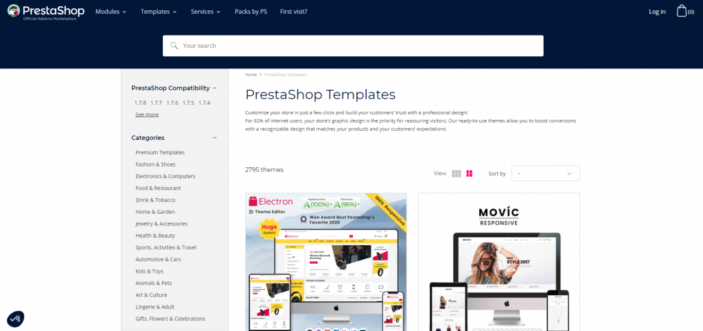 PrestaShop Templates page on the official addons marketplace