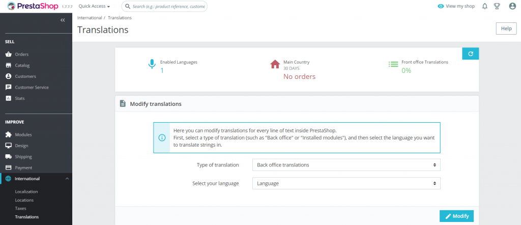 The Translations section where user can add languages to the store
