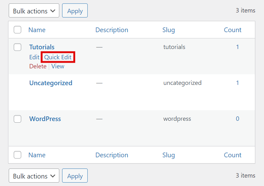 Quick edit for WordPress categories.