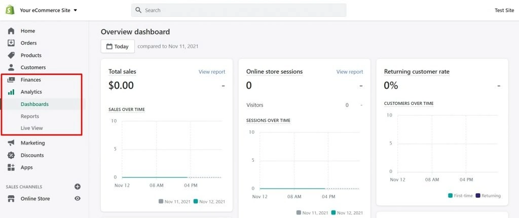 Shopify صفحة التحليلات