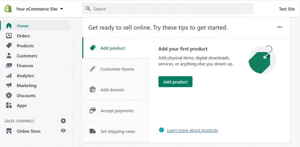 ظهور Shopify لوحة معلومات التجارة الإلكترونية.