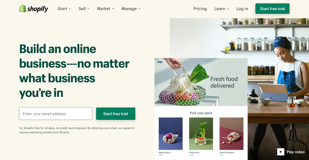 The homepage of Shopify – eCommerce website builder