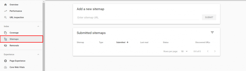 Sitemaps menu on Google Search Console