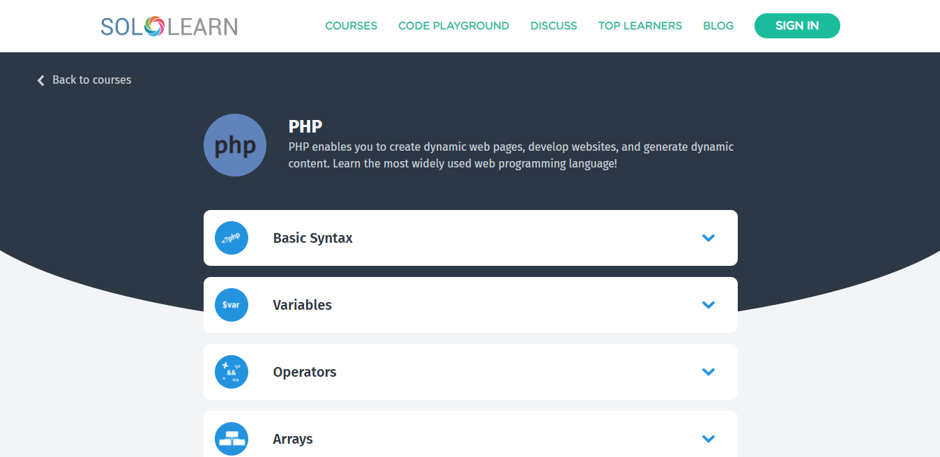 The SoloLearn PHP tutorial page.