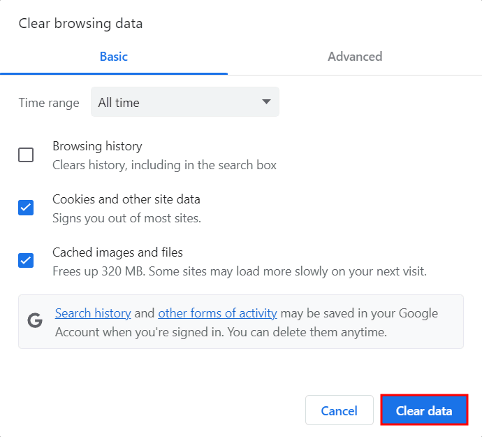 the Clear browsing data pop-up window