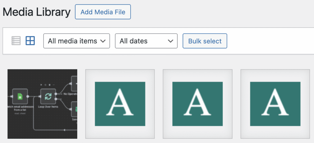 WordPress media library interface with images