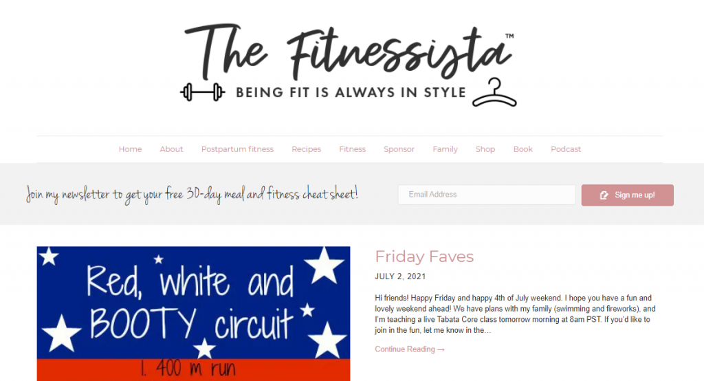 The Fitnessista website homepage.