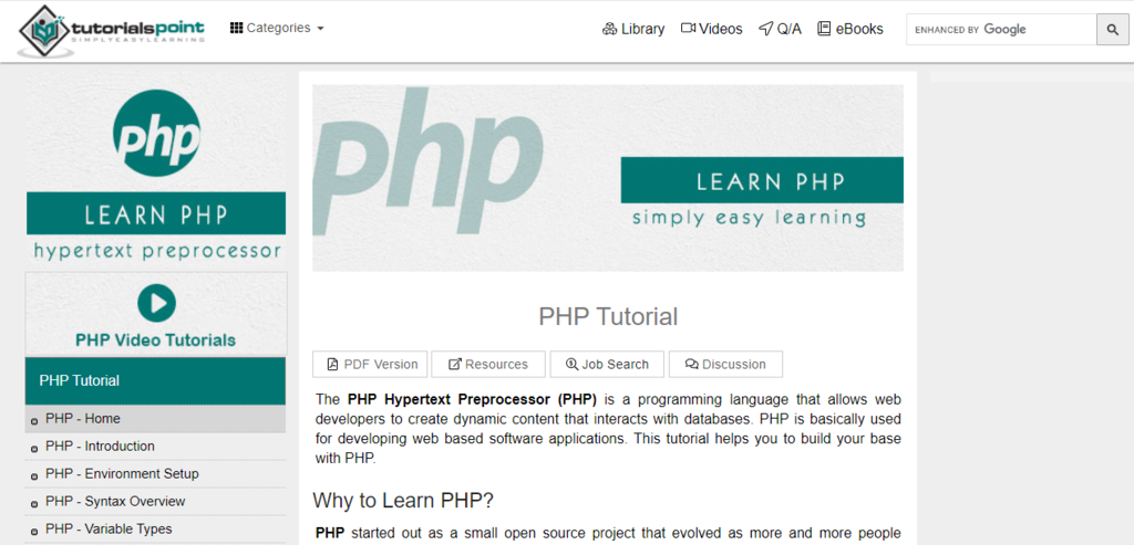 The TutorialsPoint’s extensive PHP tutorial  page.