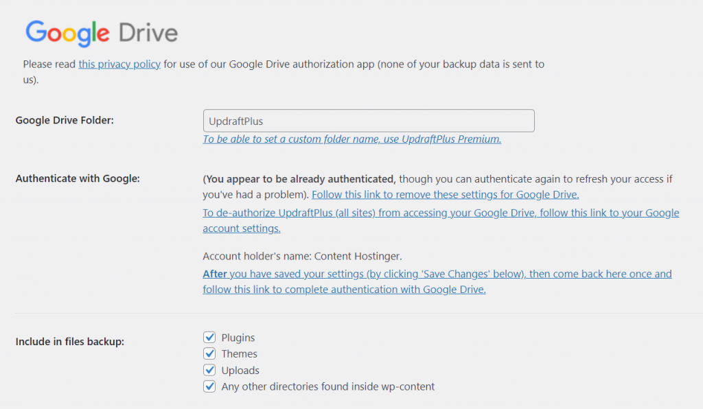 Integrating the UpdraftPlus plugin with Google Drive.